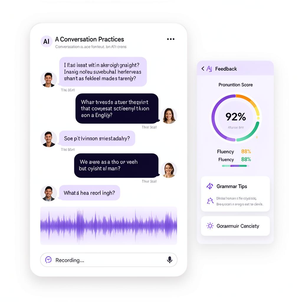 Tela de prática com IA mostrando feedback de pronúncia
